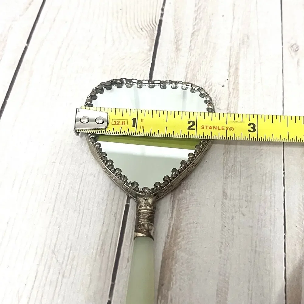 Vintage Asian Heart Shaped Hand Mirror Geisha Enamel Faux Jade Handle